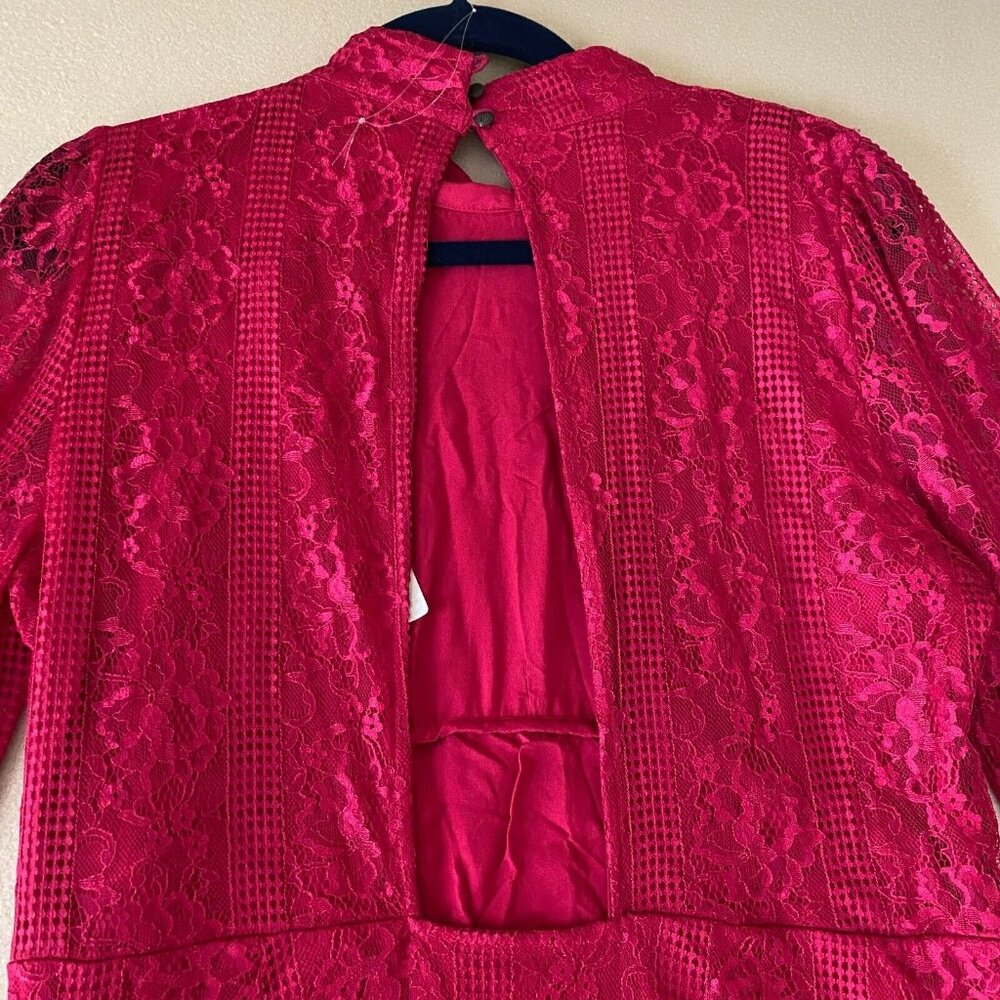 Anthropologie Maeve Open Back Lace Mini Dress 12 Red LS Pockets Mock Neck NWT - Picture 9 of 16